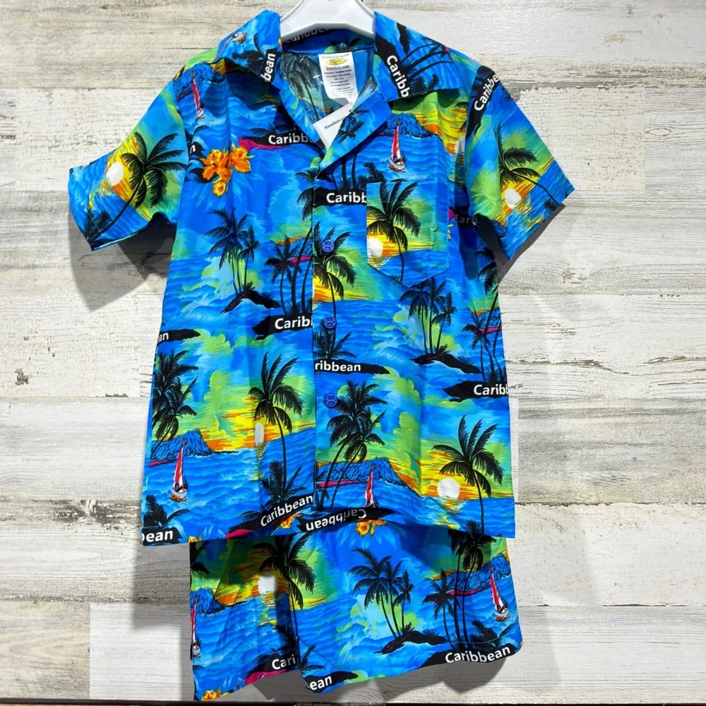 Rima Shirt Shorts Set Boys Small Blue Tropical Caribbean Beach Vacation NWT